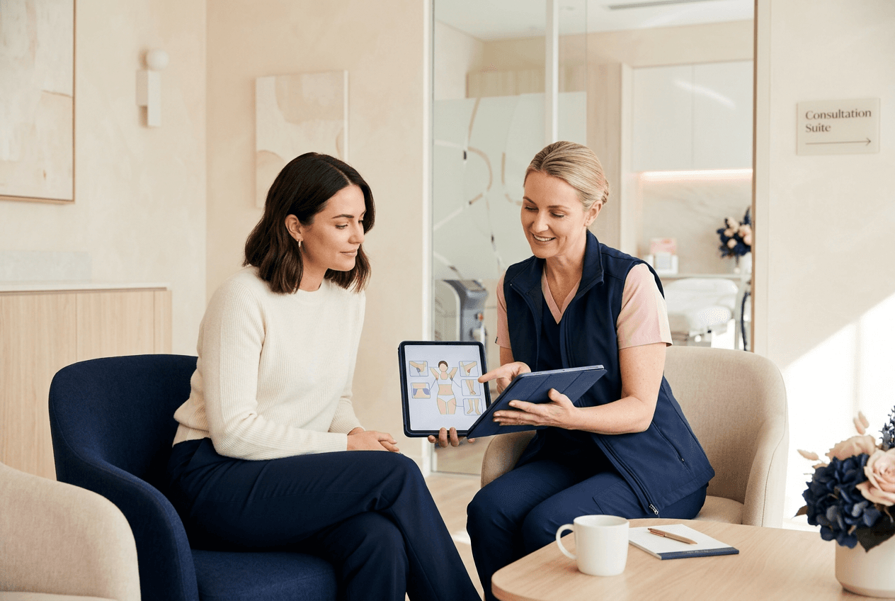 Illustrative consultation between an adult client and a laser nurse reviewing treatment options; not a Luna client or clinic photograph.