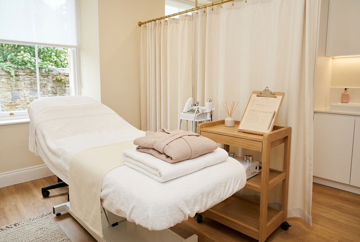 Illustrative private treatment-room preparation for a laser hair removal appointment; not a photograph of Luna's clinic.