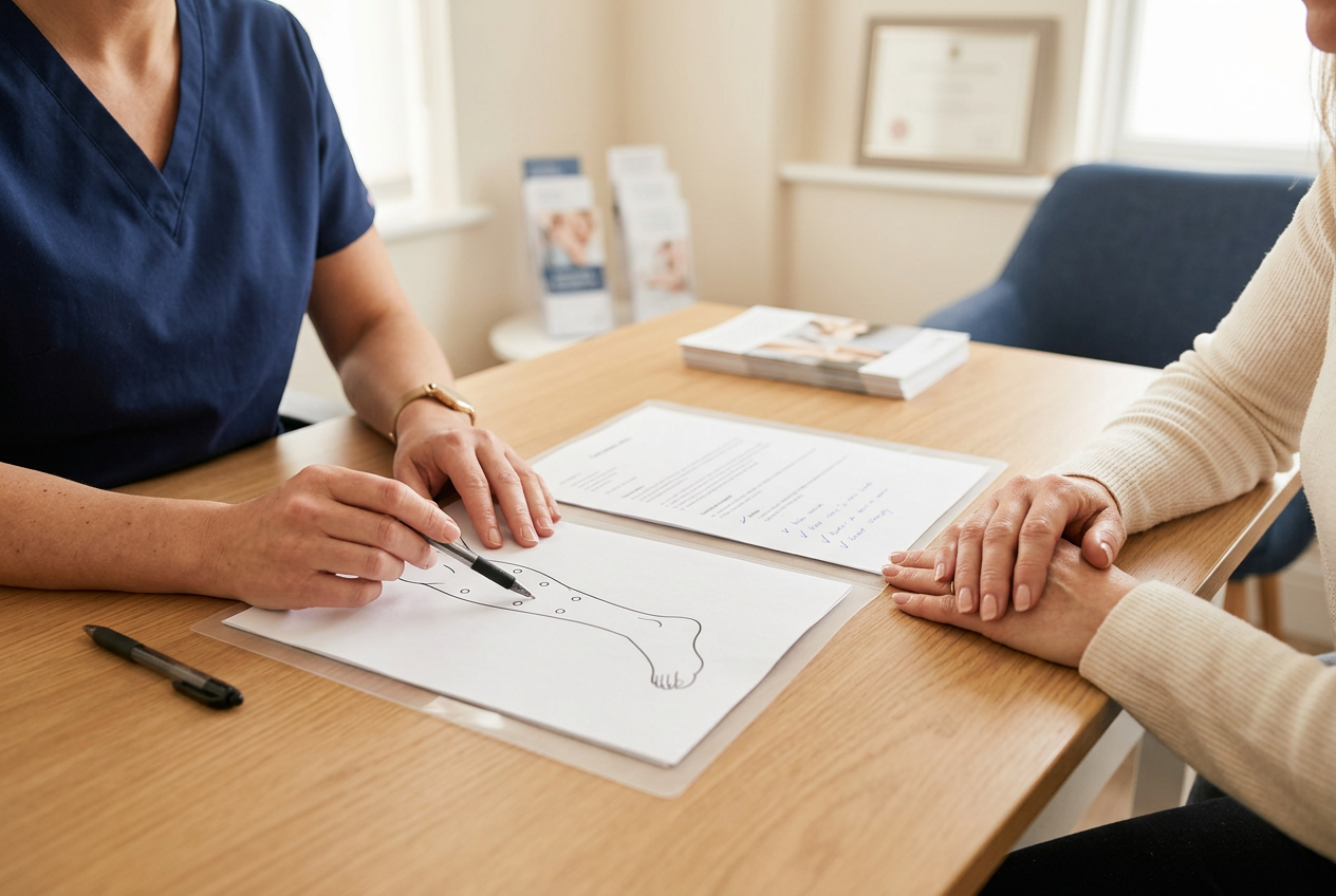 Illustrative treatment planning conversation between a patient and clinician at a private clinic desk; not a Luna client or clinic photo.